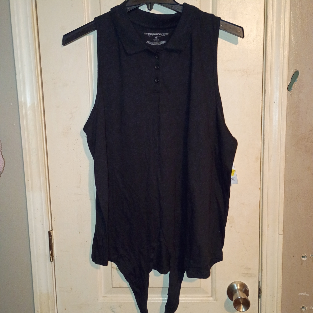 Sleeveless Black Polo Tie-Front Top